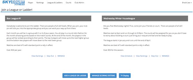 SkyCourt screen shot showing the squash league and tennis league advertising page. Two leagues are being advertised with short descriptions of the league including the price of each league. From here players can join the leagues themselves without Squash pro interaction.