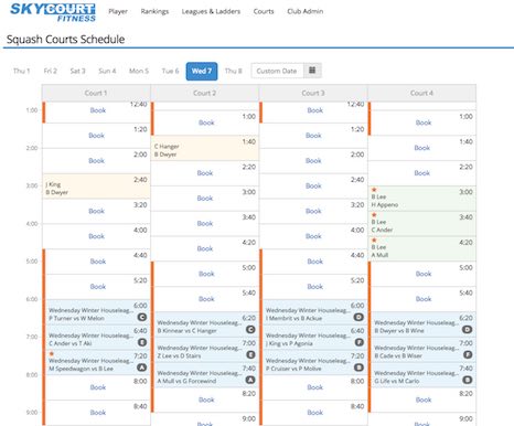 A screen shot of the schedule of a group of courts from SkyCourt