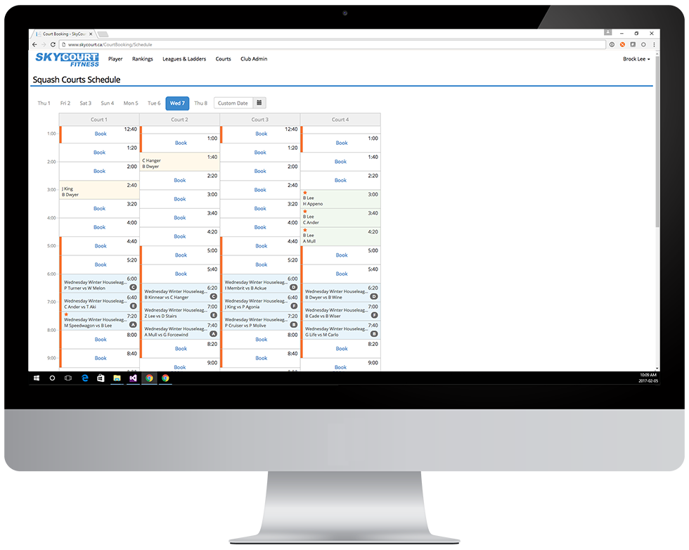Computer monitor showing the schedule for a group of courts from SkyCourt