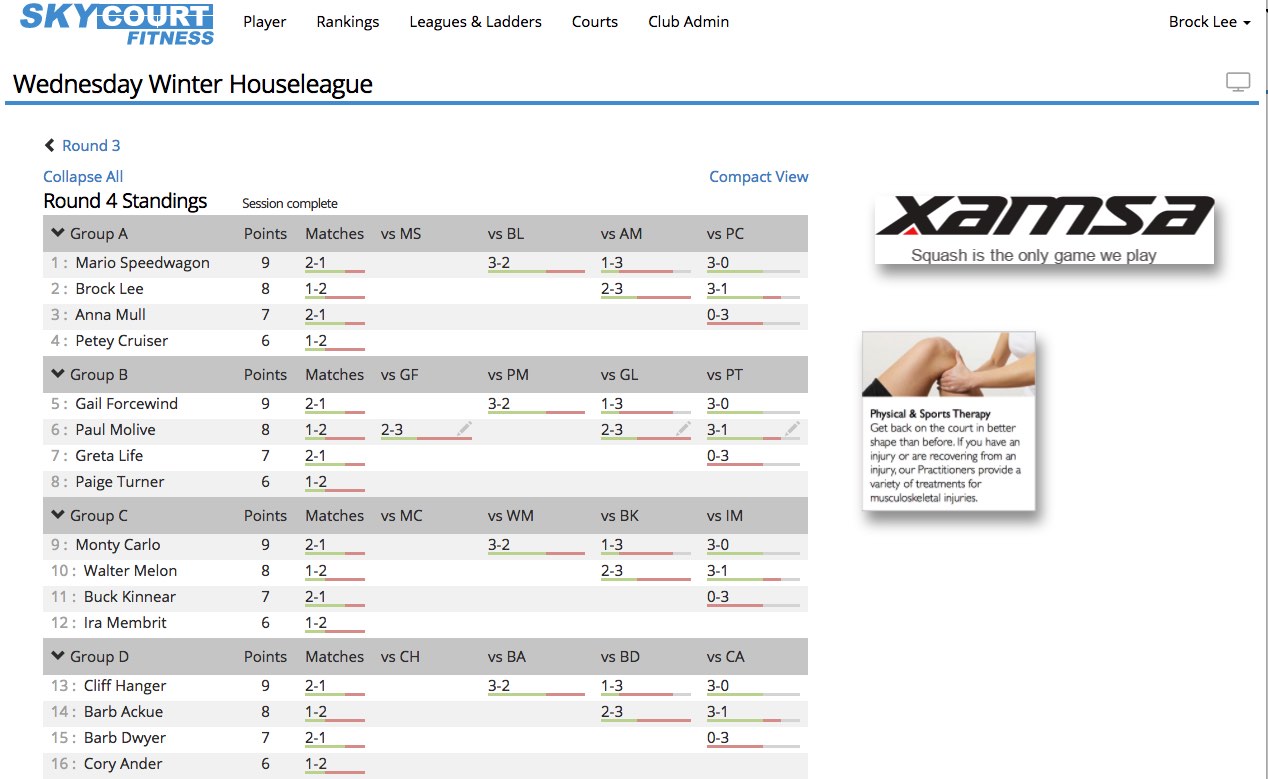 SkyCourt screen shot showing a house league ranking screen for the current session with Sponsor Ads on the side