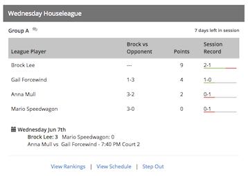 A partial screen shot from SkyCourt showing the view of a house league from the player's home page. The view shows the other players in the box for the session and each person's score. It also shows the schedule of the next set of matches for the group.