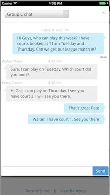 SkyCourt on a mobile device showing the instant messaging capability. A group of players are having a conversation arranging when to play a match