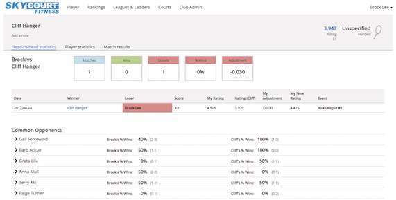 SkyCourt screen show showing the opponent view. Here you can see how you have done against this opponent in the past as well as how each of you have done against common opponents
