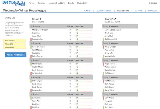 SkyCourt screen shot showing the league management screen. This is the screen where a single click updates the league for the next session, eliminating hours of work.